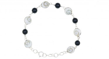 Corsican bracelet with Shiva eye, Onyx beads on silver chain