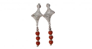 Boucles d'oreille pendantes en Argent avec strass et 3 perles de Corail rouge